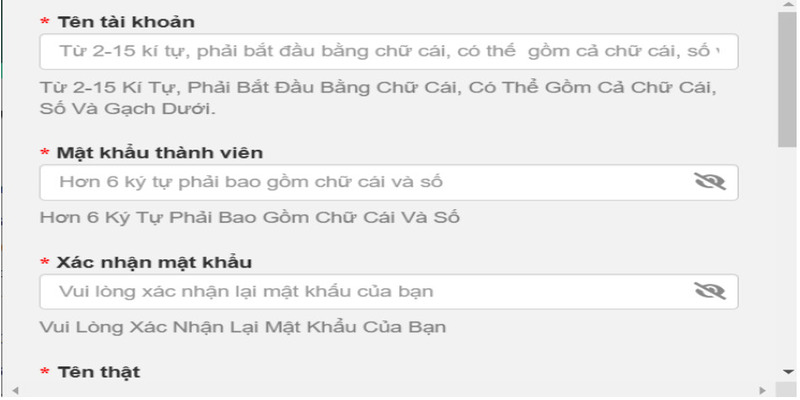  Điền thông tin theo yêu cầu từ phía nhà cái khi đăng ký tài khoản